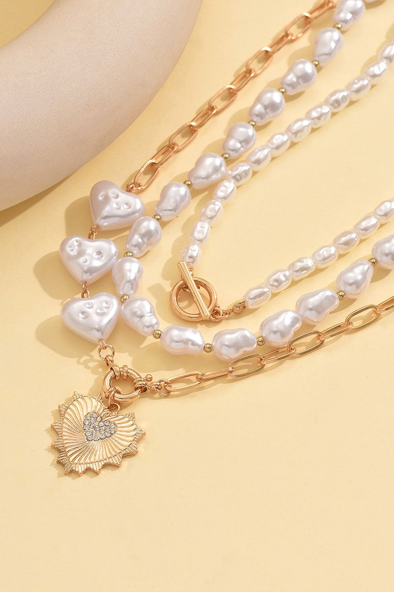Pearl Heart Layered Necklace Set
