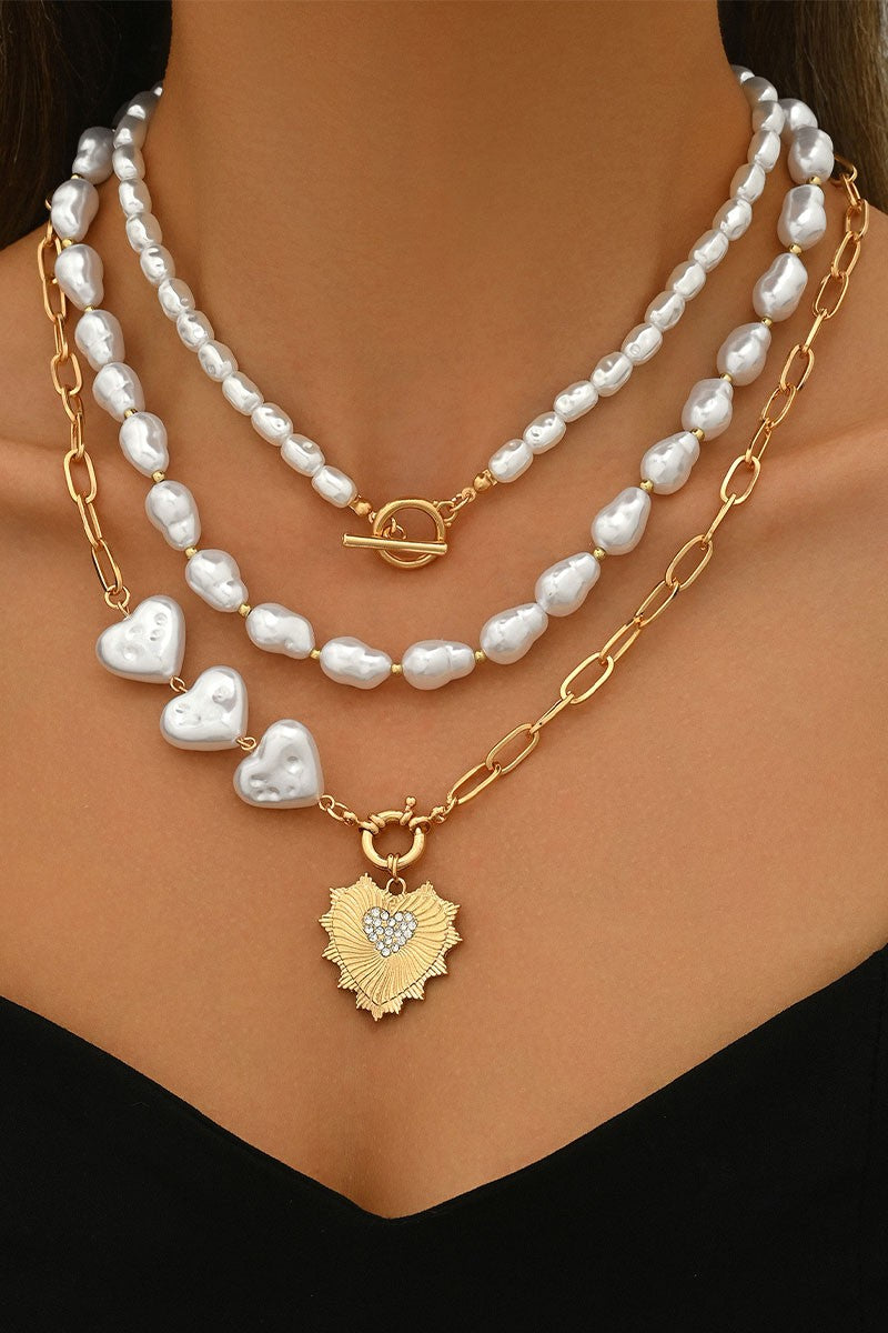 Pearl Heart Layered Necklace Set