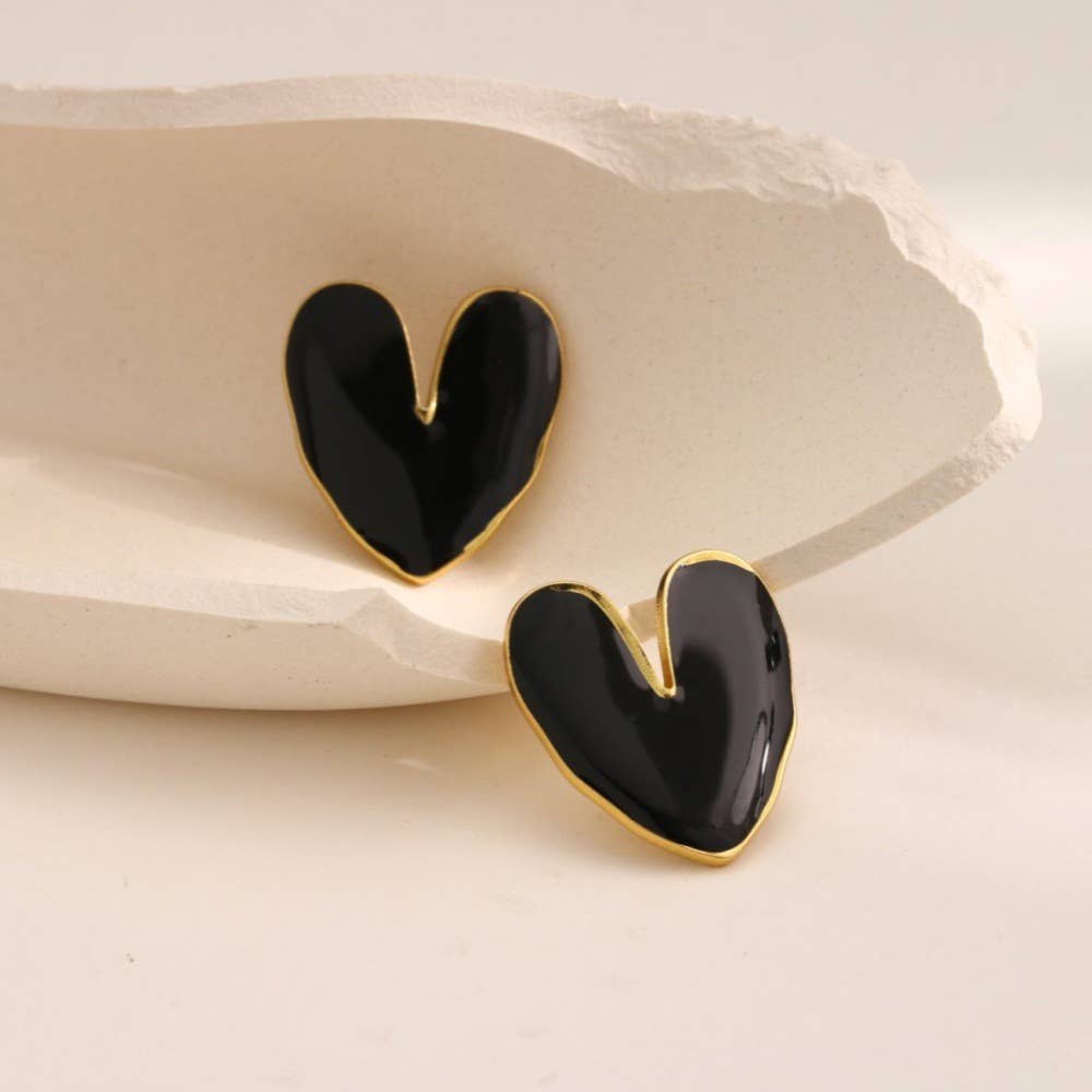 Colorful Heart Enamel Stud Earrings Gold Trim Cute Fashion