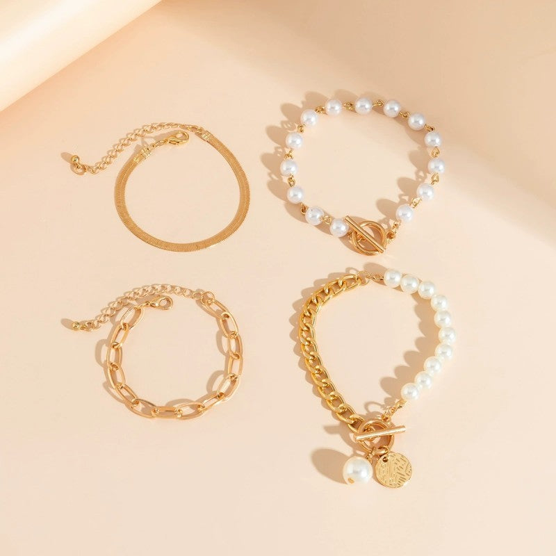 Multilayer Pearl Chain Herringbone Mix Bracelet Set