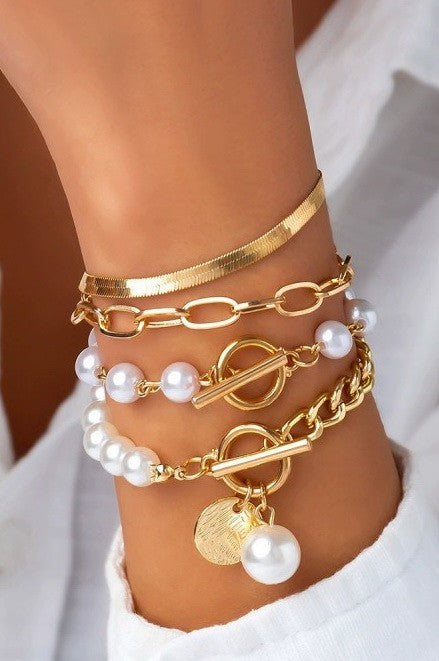 Multilayer Pearl Chain Herringbone Mix Bracelet Set