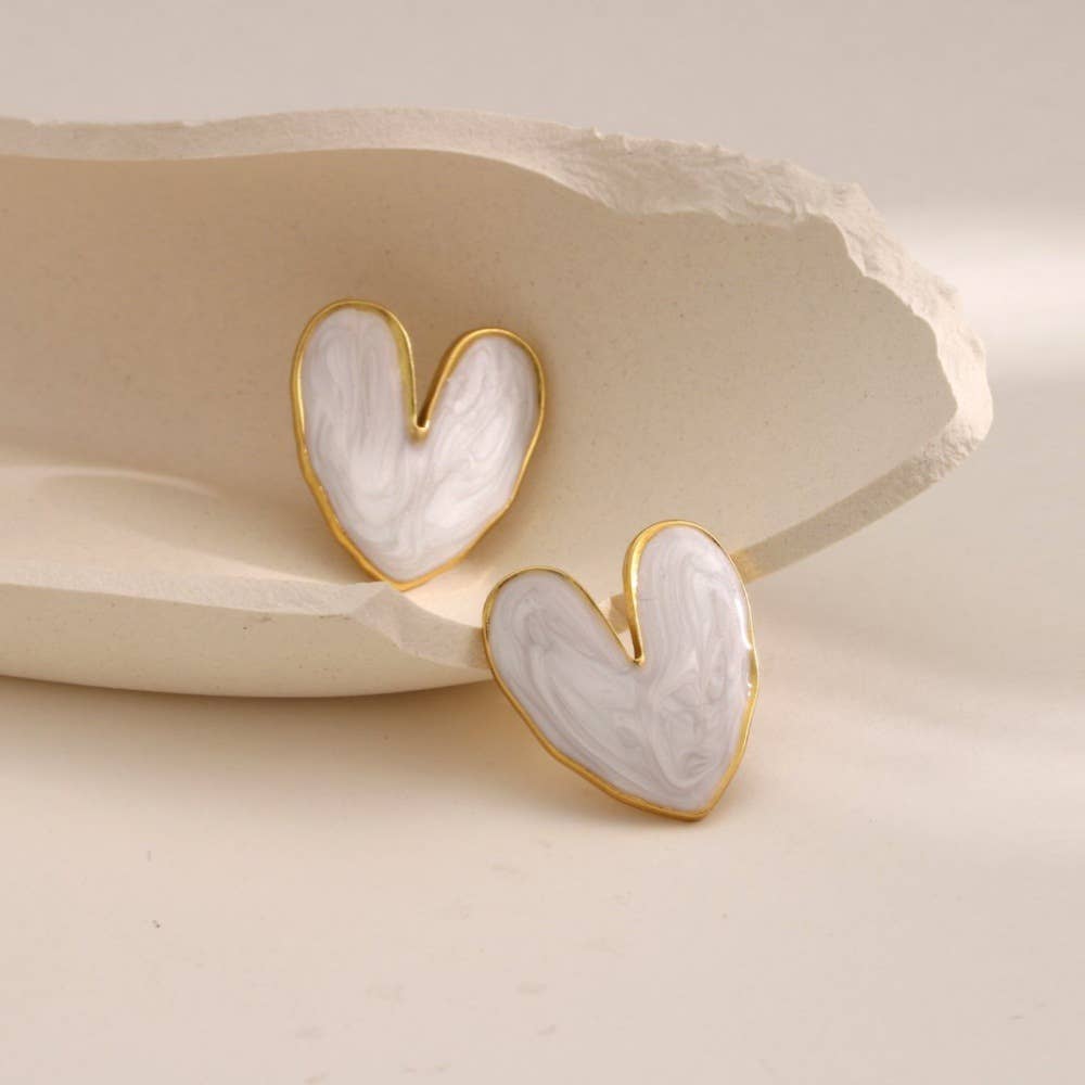 Colorful Heart Enamel Stud Earrings Gold Trim Cute Fashion
