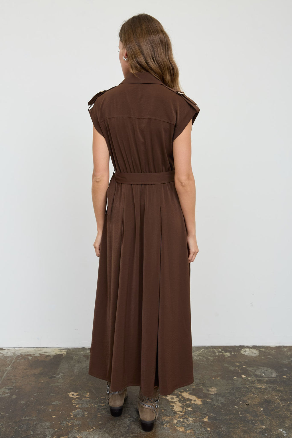 Dark Brown Collared Tab Shoulder Belted Midi Dress