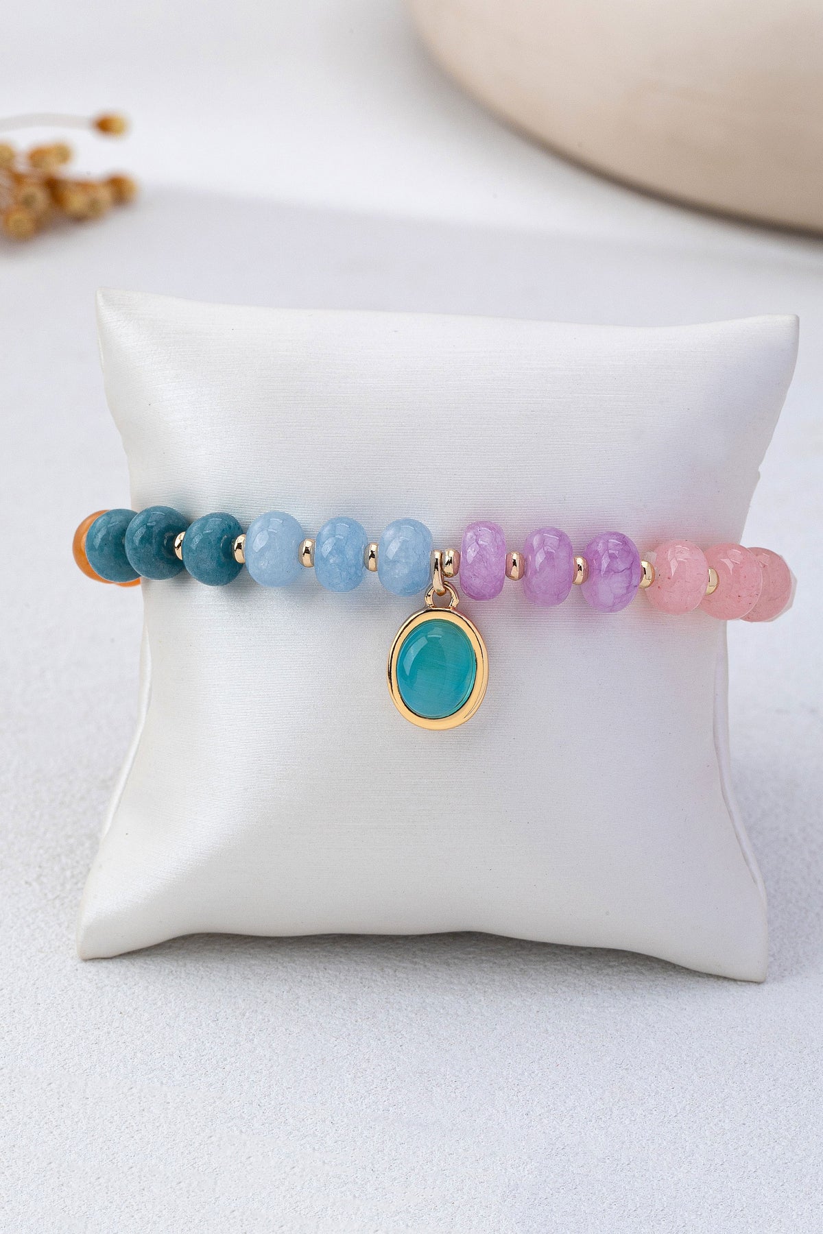 Natural Stone Cat Eye Charm Stretch Bracelet