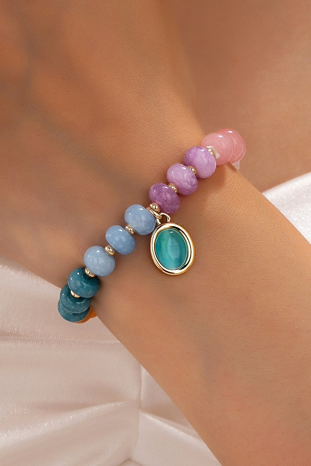 Natural Stone Cat Eye Charm Stretch Bracelet