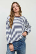 Navy Stripe Crew Neck V-stitch Long Sleeve Knit Top