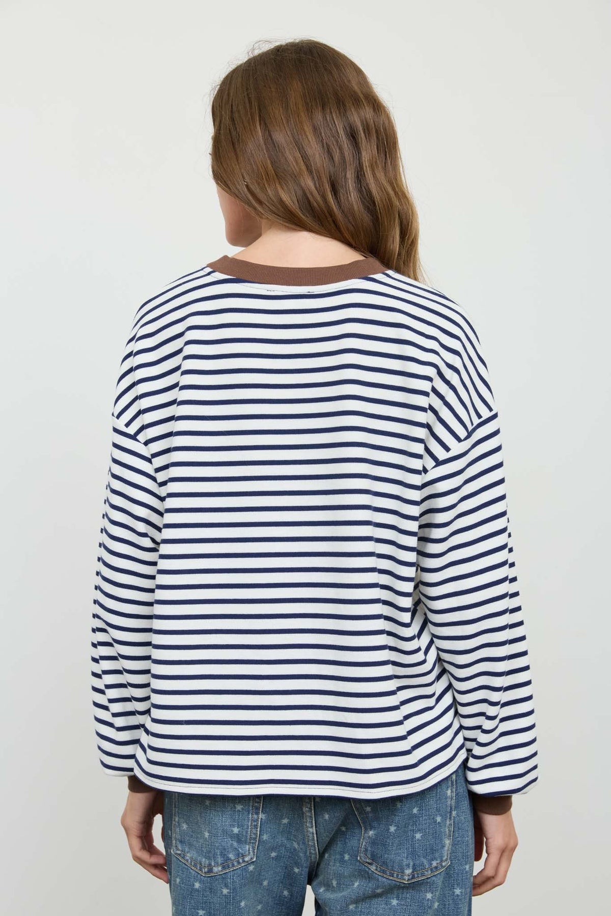 Navy Stripe Crew Neck V-stitch Long Sleeve Knit Top