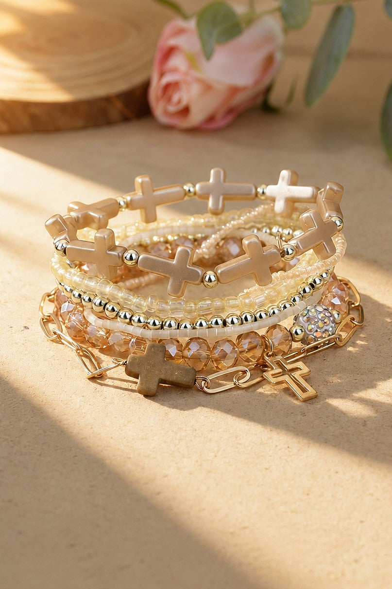 Cross Charm Mixed Beaded Bracelet Set