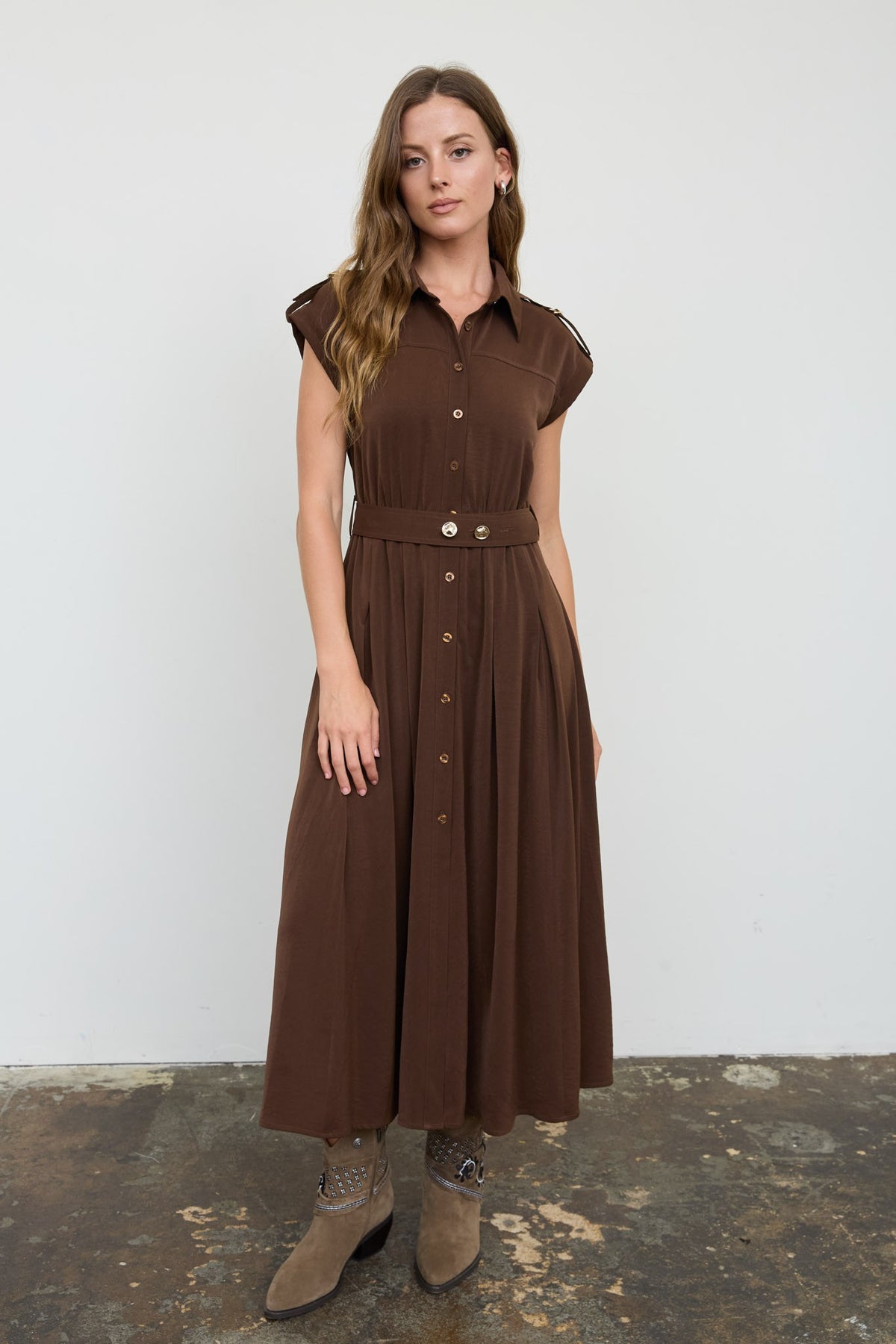 Dark Brown Collared Tab Shoulder Belted Midi Dress