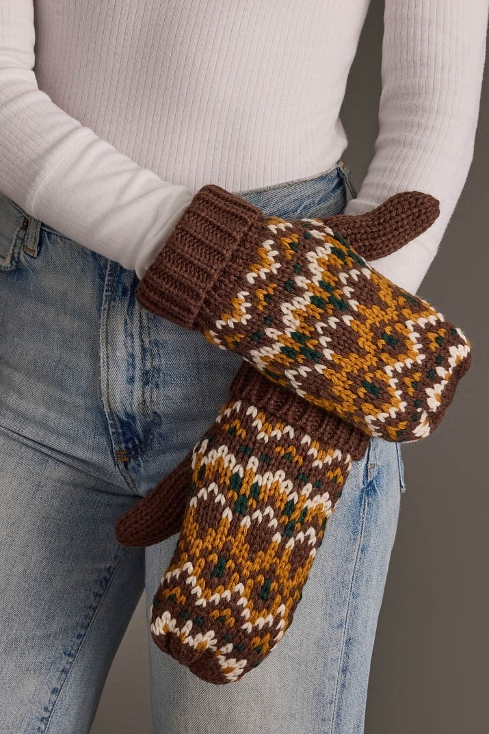 Brown, Mustard & Cream Patterned Mittens