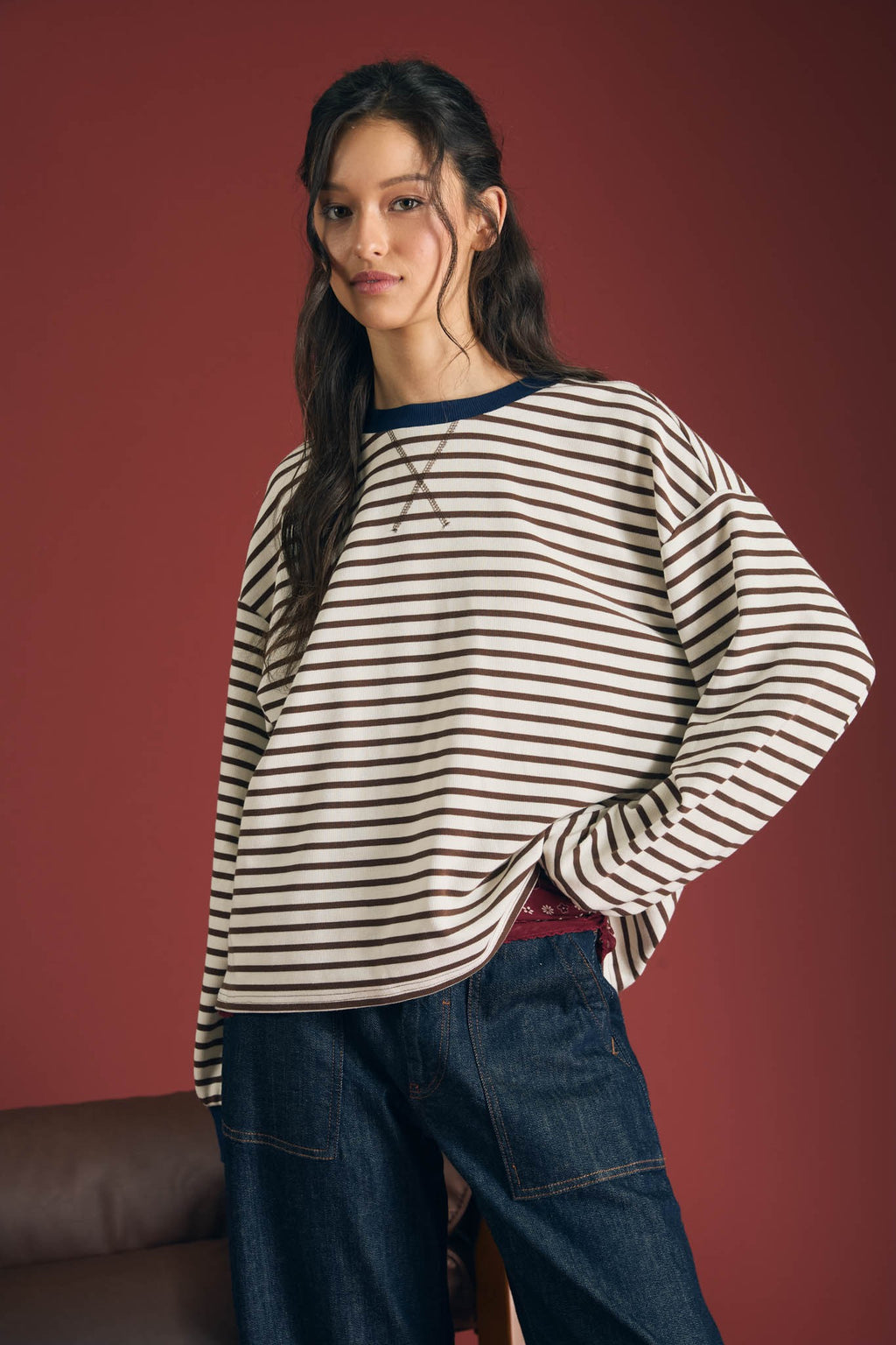 Brown Stripe Crew Neck V-stitch Long Sleeve Knit Top