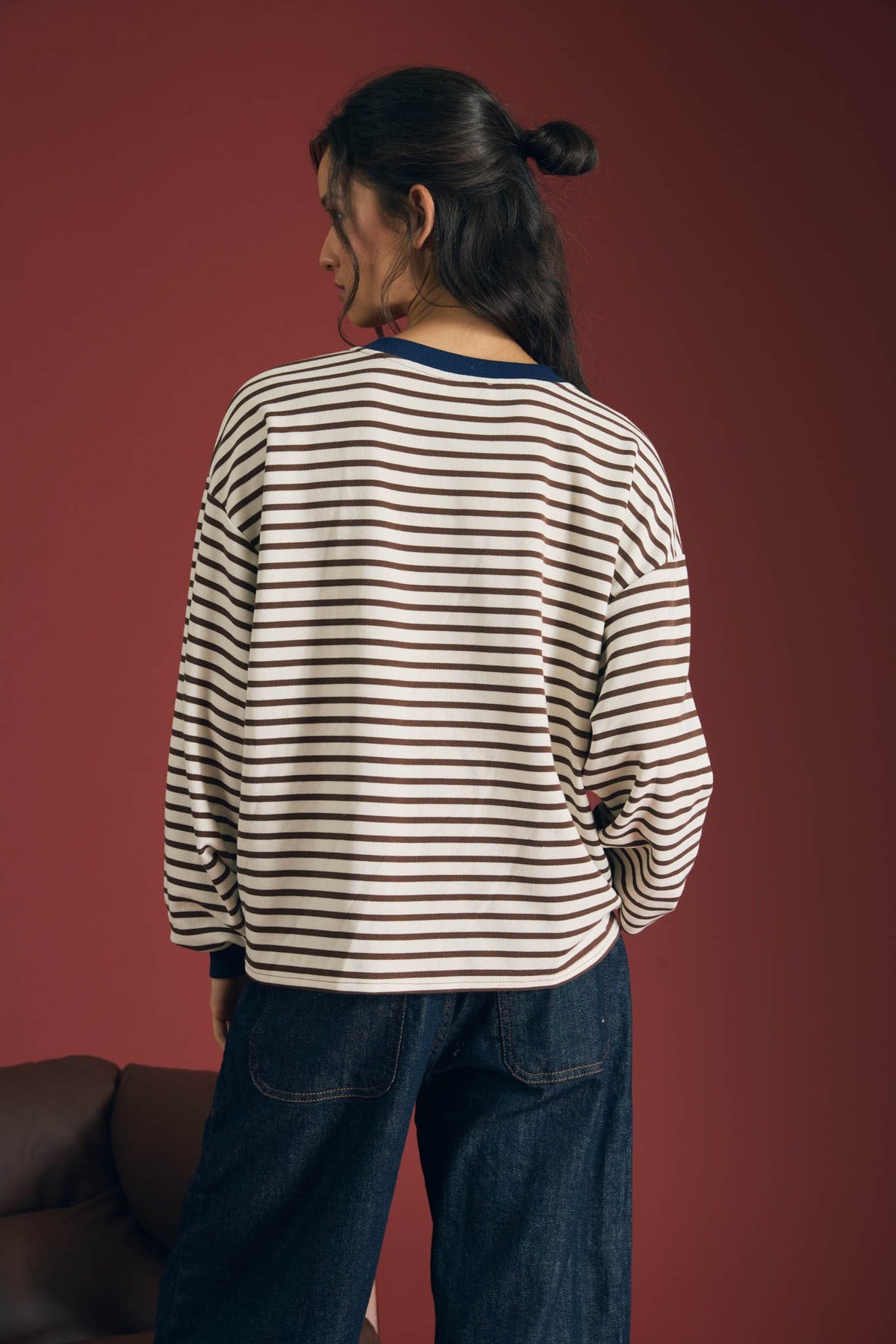 Brown Stripe Crew Neck V-stitch Long Sleeve Knit Top