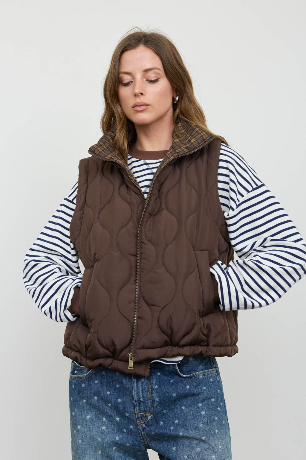 Dark Brown Plaid Collar Quilted Zip-up Vest