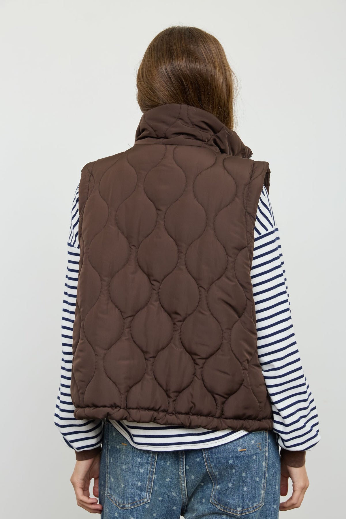 Dark Brown Plaid Collar Quilted Zip-up Vest