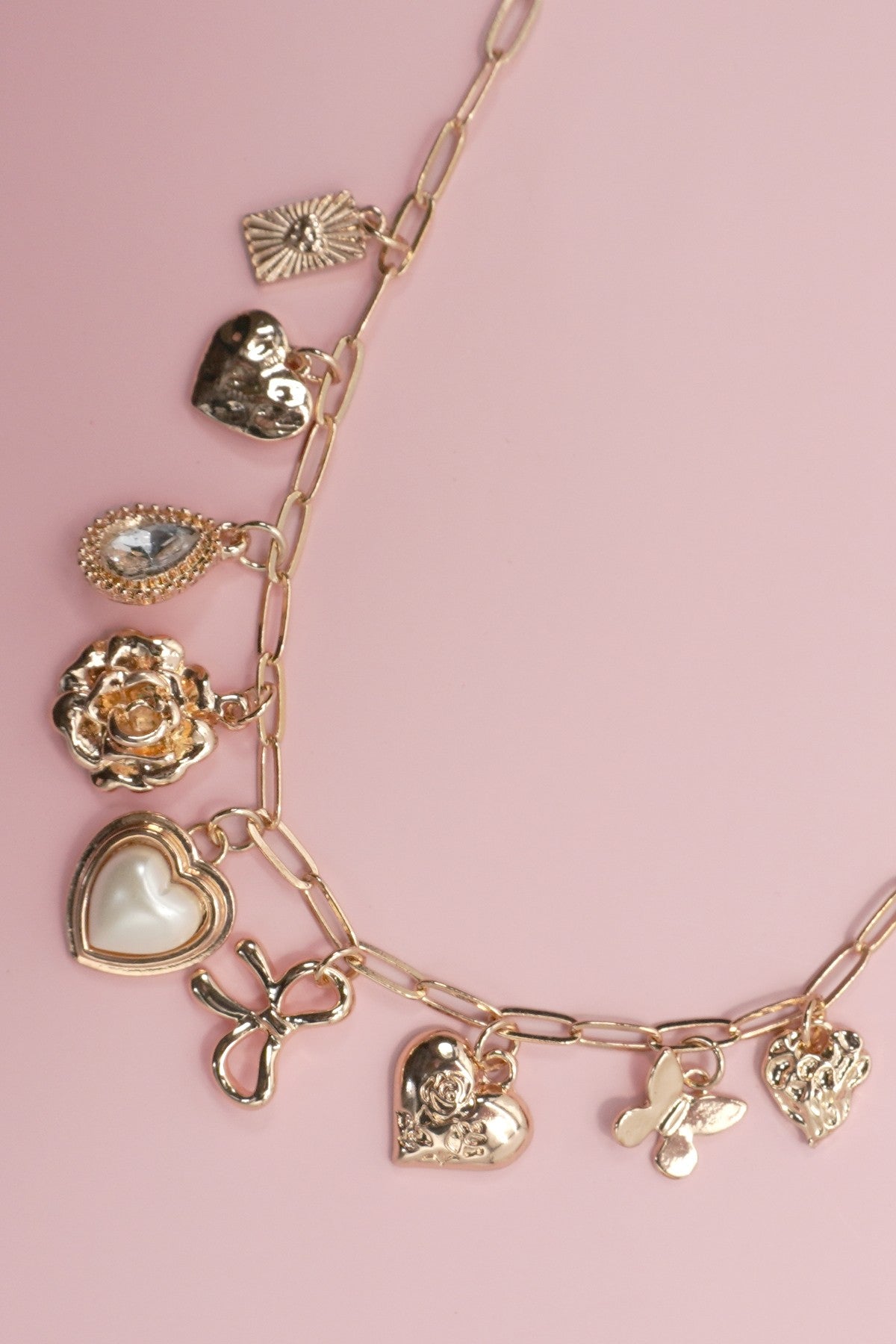Charm Necklace - Bow Heart Rhinestone Flower
