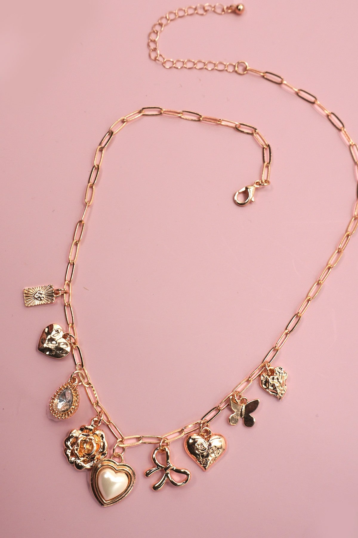 Charm Necklace - Bow Heart Rhinestone Flower