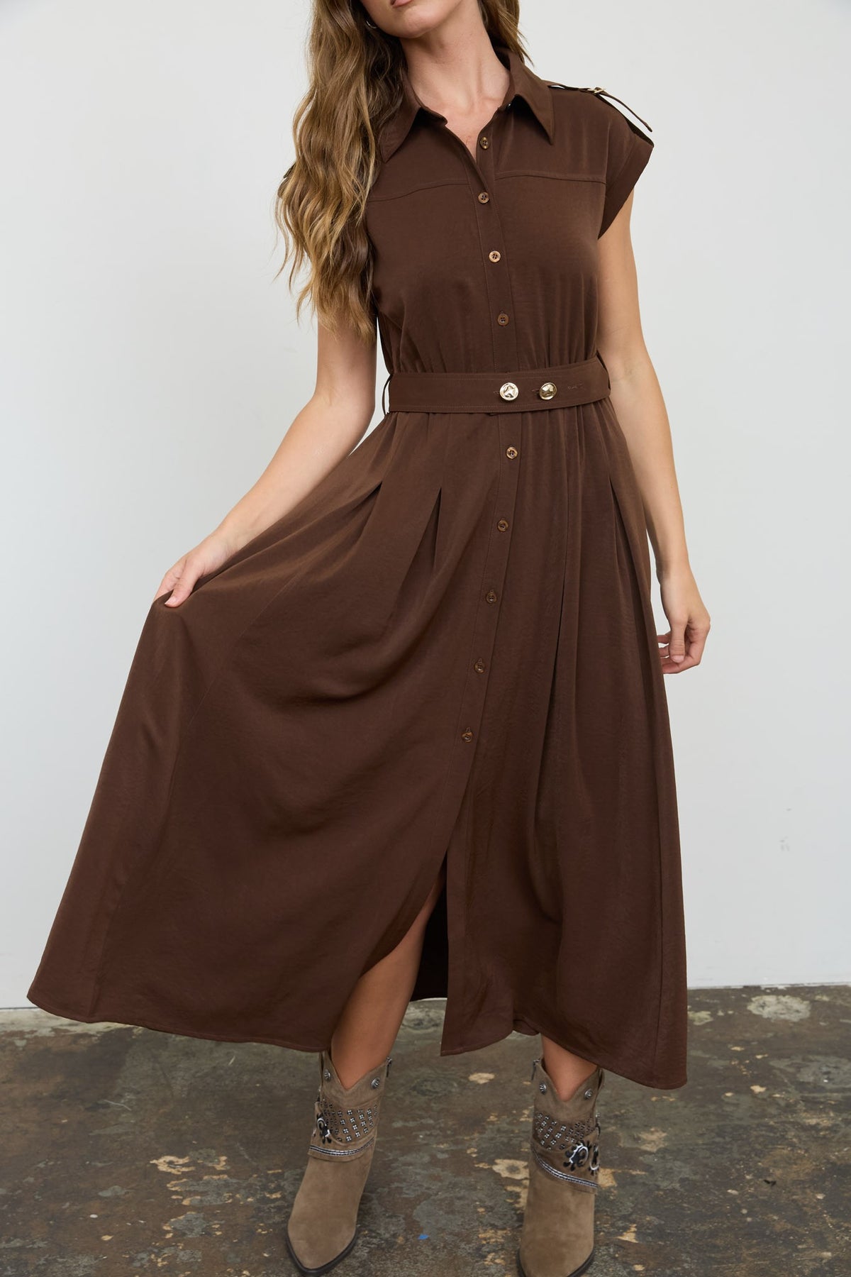 Dark Brown Collared Tab Shoulder Belted Midi Dress