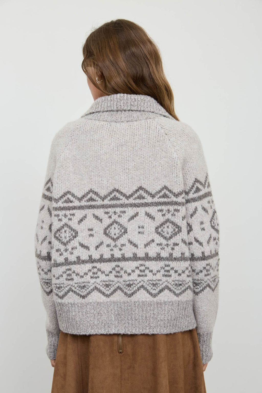 Grey Mock Neck Toggle Button Fair Isle Knit Cardigan