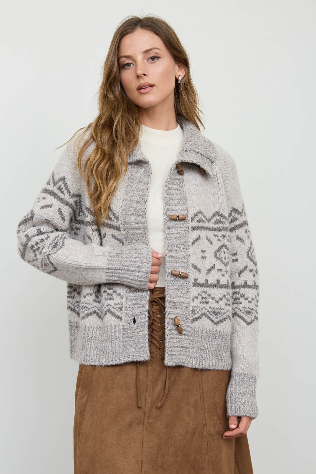 Grey Mock Neck Toggle Button Fair Isle Knit Cardigan
