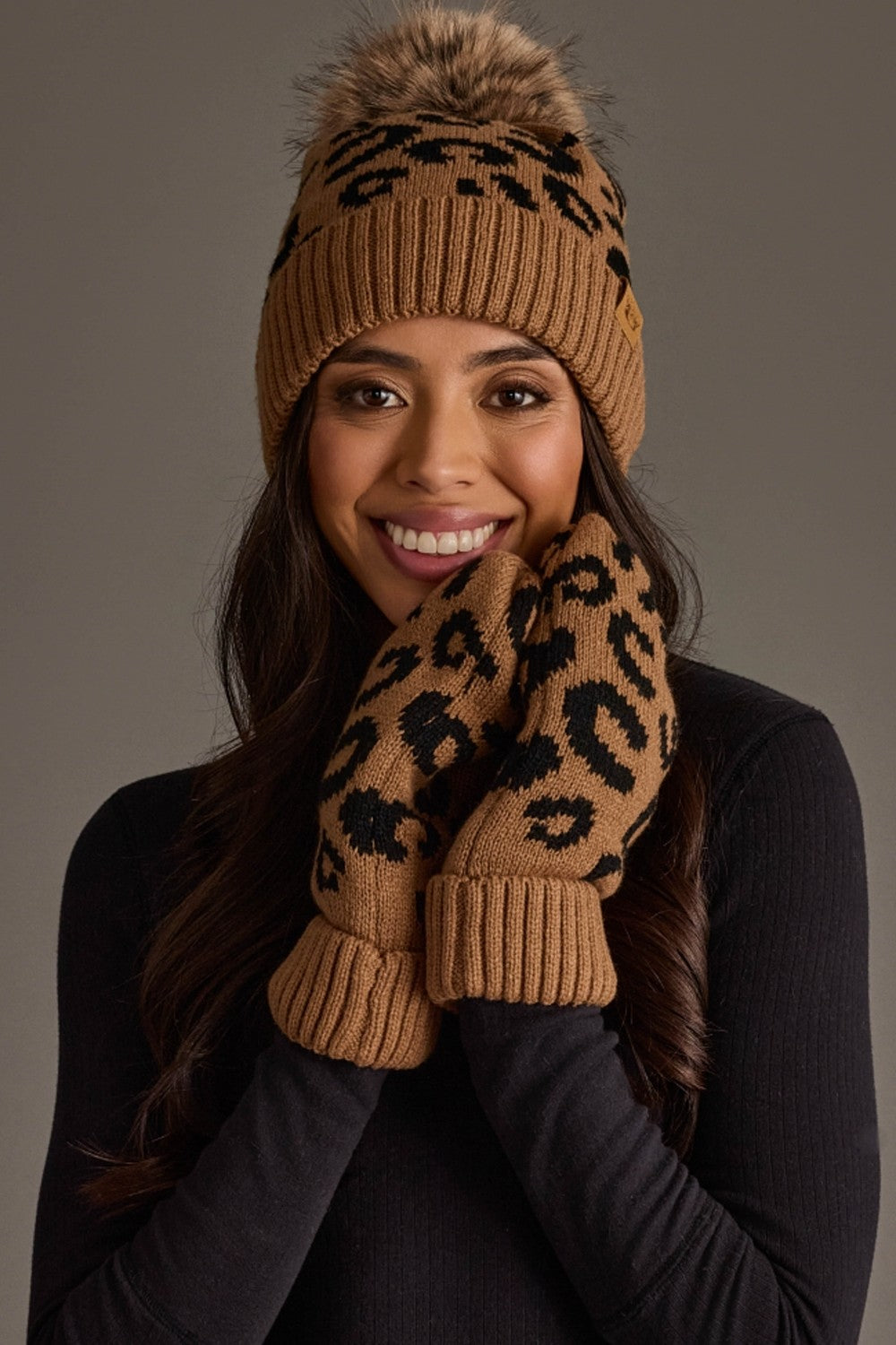 Camel Leopard Pattern Knit Pom Hat