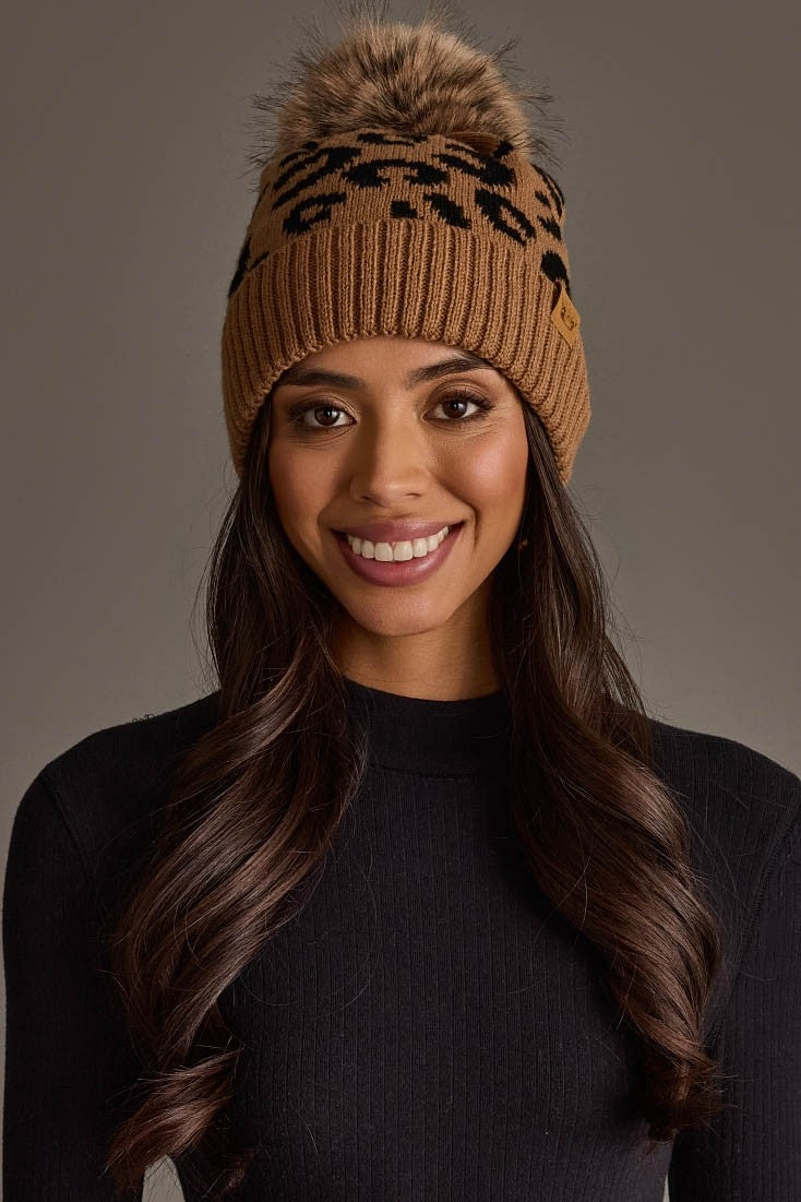 Camel Leopard Pattern Knit Pom Hat