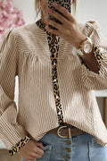 Striped Leopard Contrast V Neck Blouse Casual