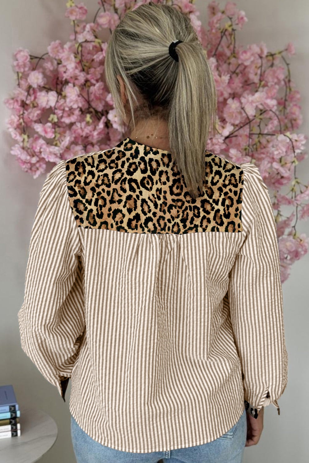 Striped Leopard Contrast V Neck Blouse Casual