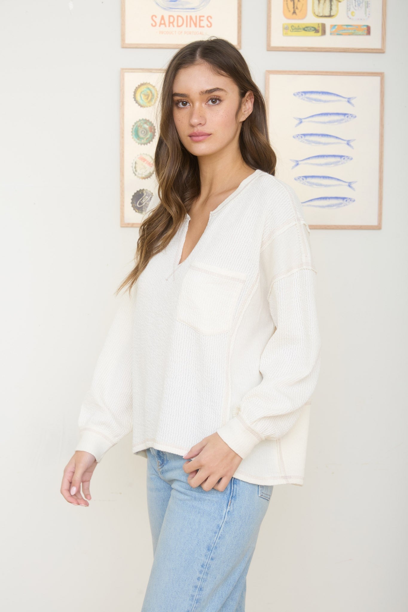 LONG SLEEVE RIBBED KNIT TOP IVORY