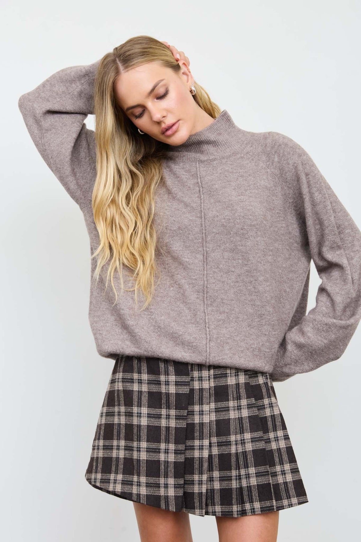 Center Seam Mock Neck Relaxed Pullover Sweater