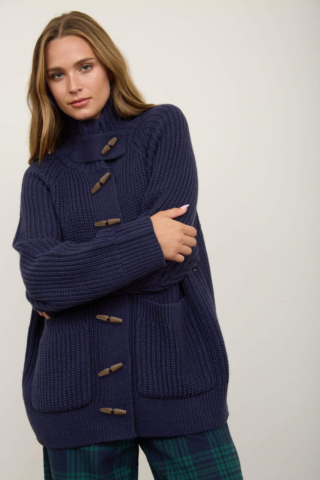 High Neck Toggle Rib Long Line Knit Cardigan