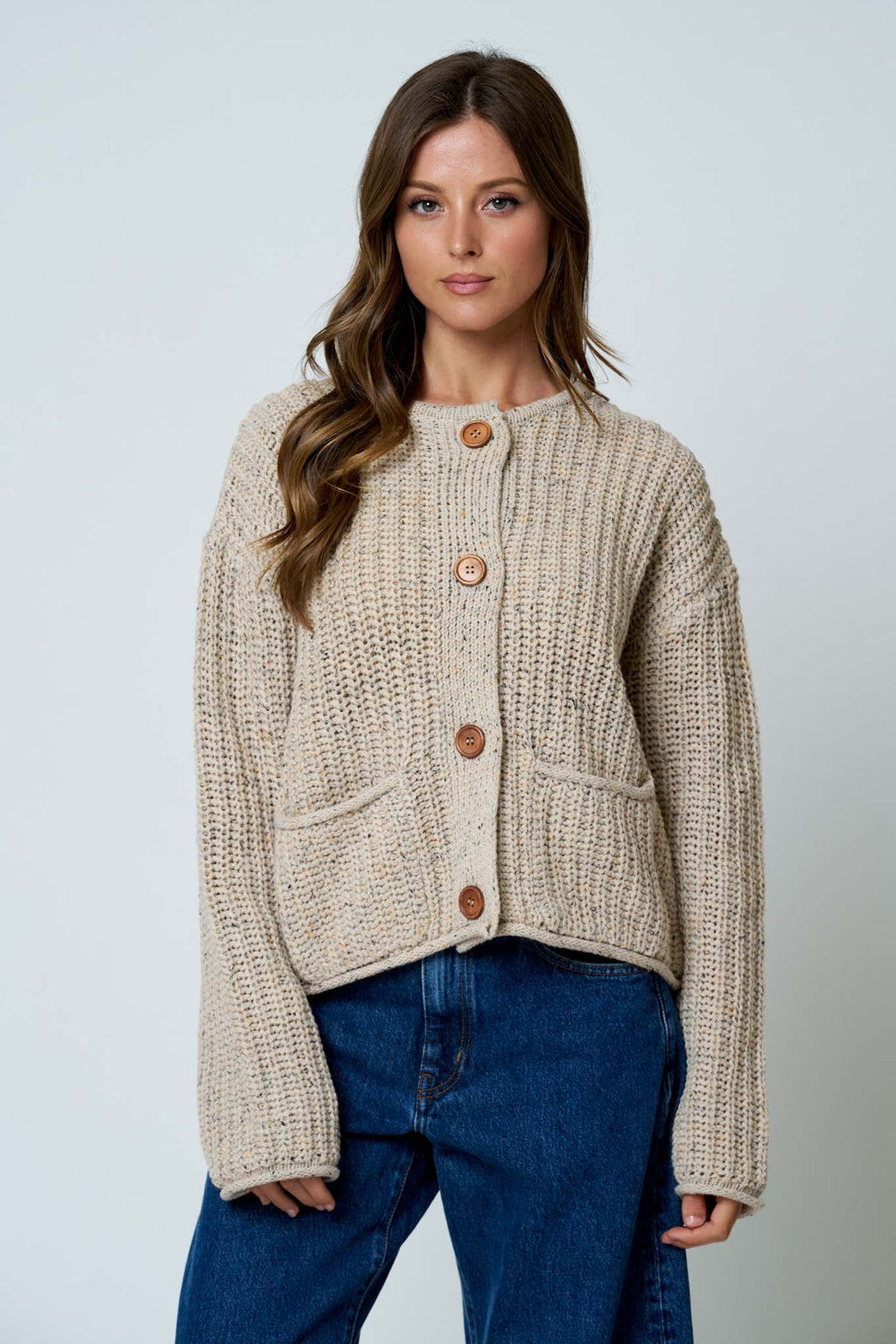 Marled Button Down Raw Edge Chunky Knit Cardigan