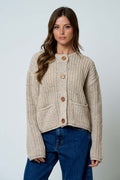 Marled Button Down Raw Edge Chunky Knit Cardigan