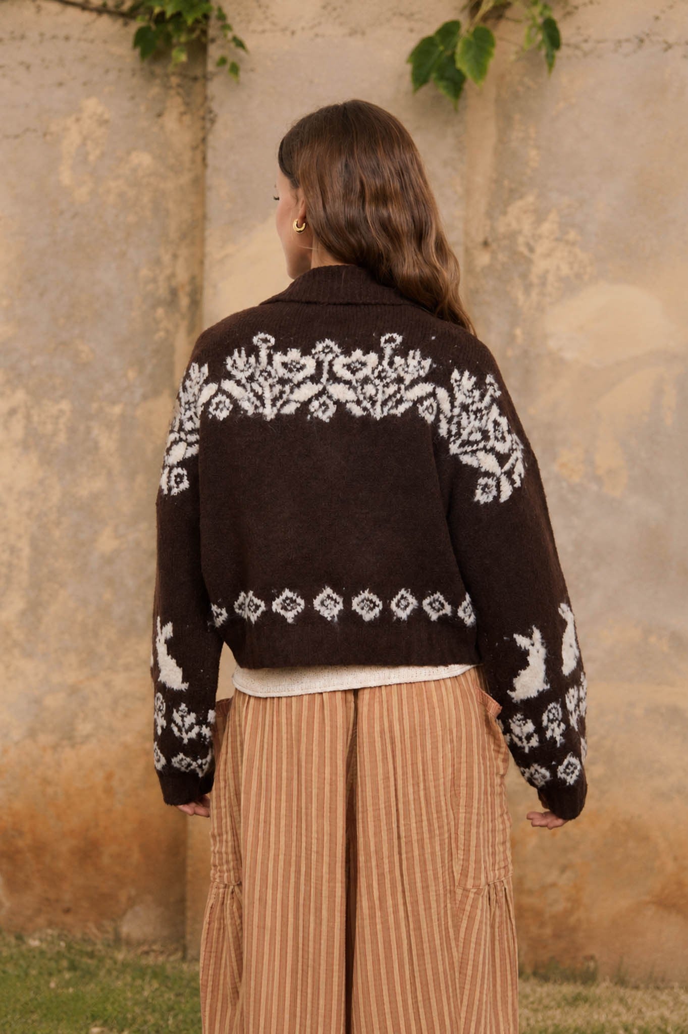 Bunny Motif Toggle Detail Fuzzy Knit Cardigan