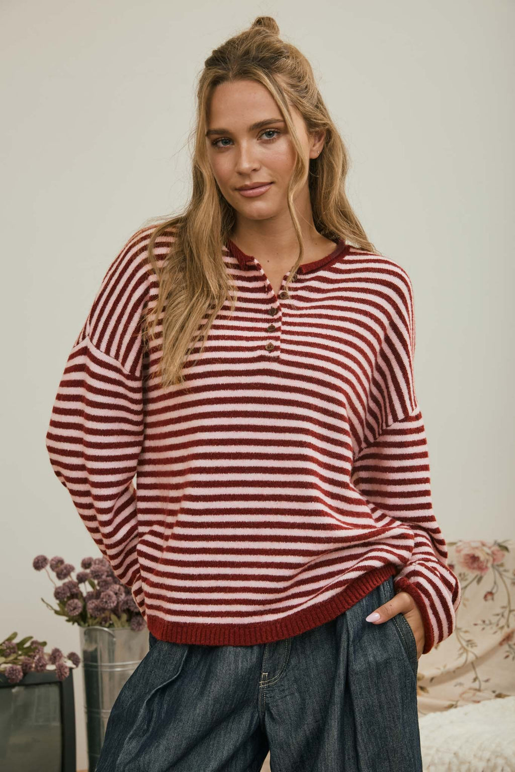 Red Button Henley Stripe Long Sleeve Drop Shoulder Sweater