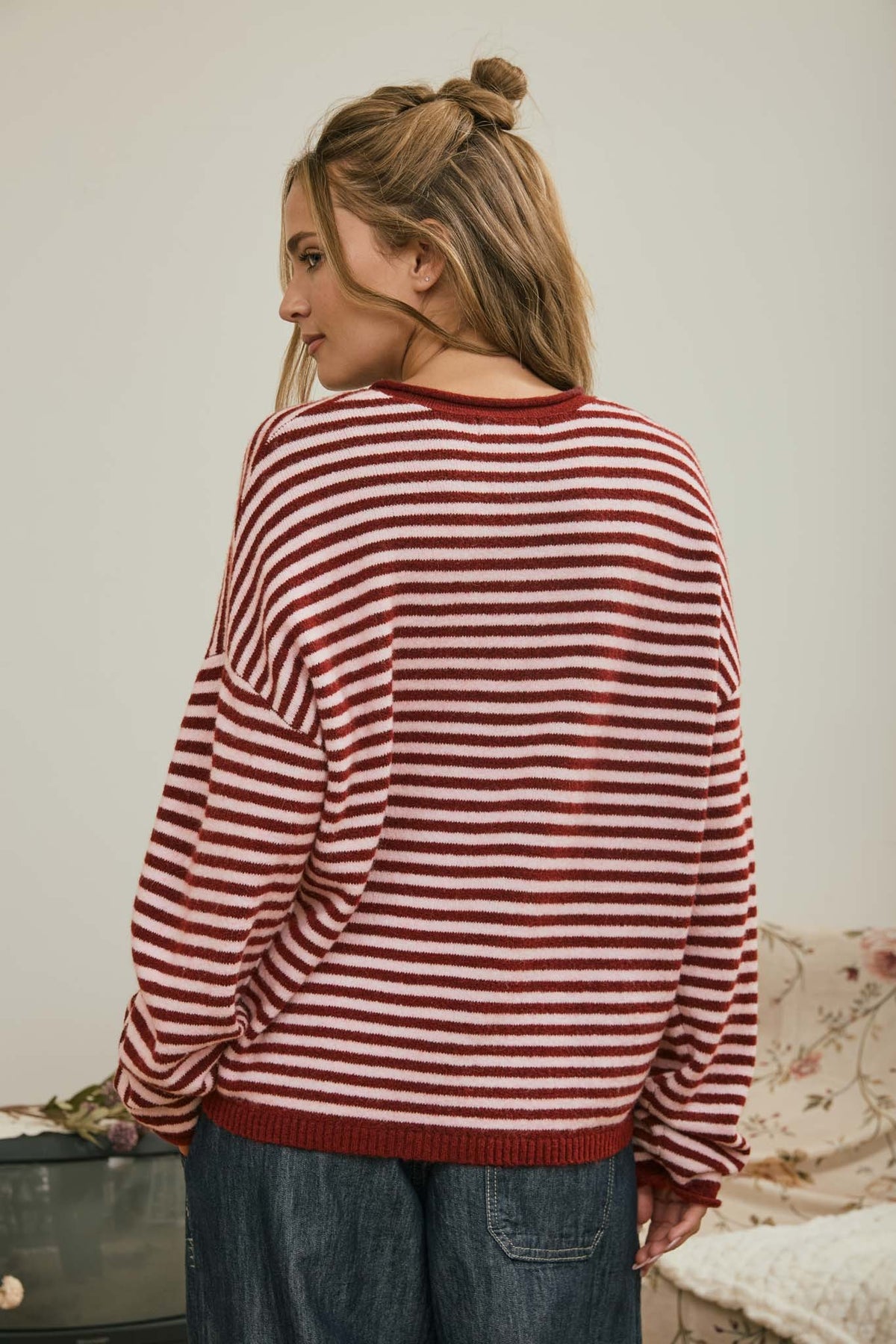 Red Button Henley Stripe Long Sleeve Drop Shoulder Sweater
