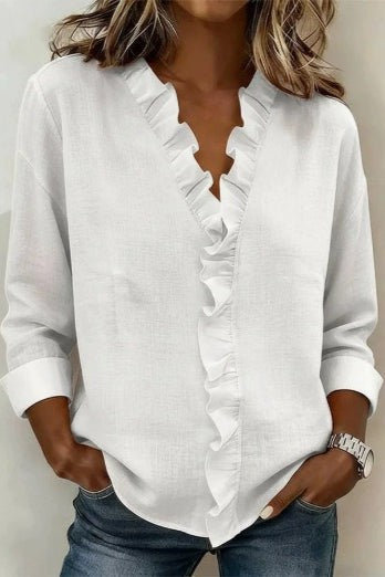 Ruffle V Neck Cotton Blend Blouse Boutique Work Shirt