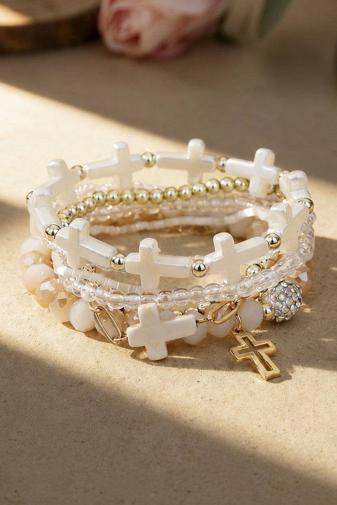 Cross Charm Mixed Beaded Bracelet Set